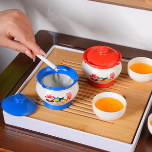 Creative Dual Shape <b>Ashtray</b> Red And Blue Plastic With Ceramic Lid For Home Office Use - Product Image 4