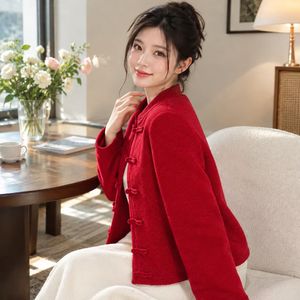 Women's <b>Red</b> Mandarin Collar Knitted <b>Cardigan</b> Full Sleeve Chinese Style Wool Winter Sweater Thick Hand Knitted Solid Color - Product Image 5