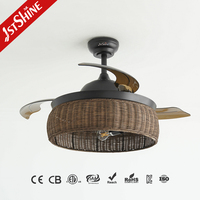 1stshine Abat-jour rétractable en rotin, usage intérieur/extérieur robuste, décoration intérieure, ventilateur de plafond télécommandé avec pales cachées