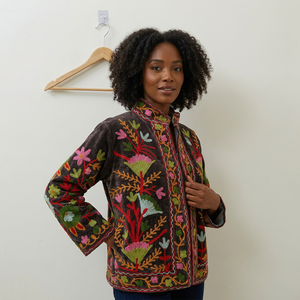 Veste d'hiver réversible en velours brodé pour femme, motif floral, col en V, manches classiques, écologique, respirante, automne, prairie - Product Image 4