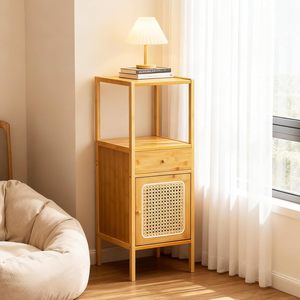 Natural Bamboo <strong>Tall</strong> <strong>Narrow</strong> Storage Cabinet with Rattan Door <strong>Drawer</strong> &amp; Open Top Shelf for Living Room Bathroom Bedroom - Product Image 2