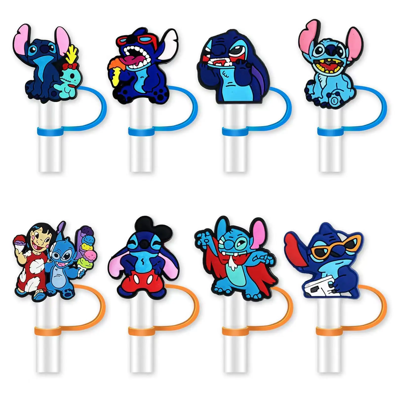 Venta al por mayor de dibujos animados creativos Stitch Drinking Strawparty Cover tapa de silicona a prueba de polvo Cute Charms toppers manga de paja para vaso