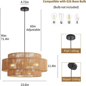 Candelabro moderno de ratán con base E26 con <span class=keywords><strong>cuerda</strong></span> de lino, lámpara de techo colgante transfronteriza para sala de estar, Cocina, Restaurante, tamaño medio - Product Image 6