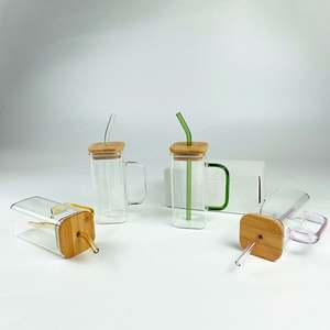 13.5 औंस पानी का कप बांस साफ माजर जार 16 औंस हैंडल ढक्कन से उच्च बोरोसिलिकेट ग्लास वर्ग ग्लास मग - Product Image 5