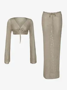 Completo da Spiaggia Sexy in Tinta Unita, Copricostume Lavorato a Maglia 2 Pezzi, Estate 2026, Top con Maniche a Campana e Lacci, Gonna Lunga per Donna - Product Image 5