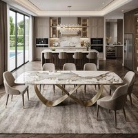 Mesa de Comedor de Mármol Natural de Lujo, Mesa de Cocina Rectangular con Patas de Acero Inoxidable Dorado para Villa, Hotel, Restaurante