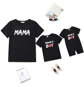 Kaus lengan pendek anak Mama dan Mama, setelan kaus atasan warna hitam untuk anak ibu dan anak laki-laki