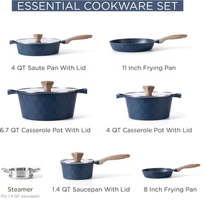 New Forged Die <b>Casting</b> Aluminum Cooking Pot and <b>Pan</b> Set 7Pcs Grey Stone Cookware Set with Soft Touch Wooden Grain Handle - Product Image 2