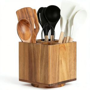 Wooden Kitchen Utensil Holder <b>Cube</b> Rotating Acacia <b>Wood</b> <b>Storage</b> Organizer For Spoon Spatula Whisk Standing Type - Product Image 1