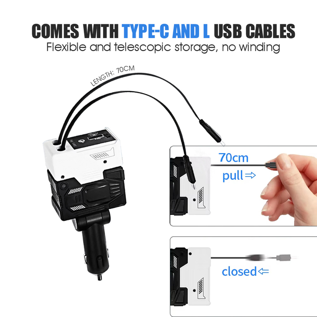 Custom Logo Dual Retractable Cable Car Charger Built-in Type-C& L Stretch Wire Multi Port Quick Charge Car Charger