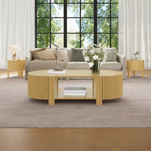 Modern Decorative Oval Fluted Coffee Table with Storage for Living Room <b>Solid</b> <b>Wood</b> 1 Shelf & 2 Open Storage Doors - Product Image 5