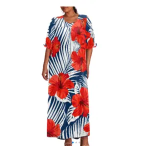 Ucuz fiyat toptan polinezya Hawaii kabile tasarım Micronesia Mumu Muumuu fırfır puf kollu uzun kabarık elbise zarif kadınlar