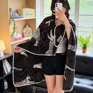 Leopard Print <strong>Double</strong> Sided Sheep Fleece Throw Blanket, Wearable Cape Cover with Snap Button for Office Sofa Home Decor Wholesale - Product Image 2