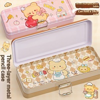 Trousse à crayons à trois compartiments avec fermeture à bouton-pression, grande capacité, motif ours de dessin animé, en fer blanc, avec table de multiplications