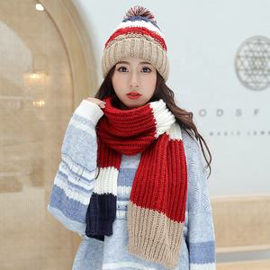 Ensemble <span class=keywords><strong>bonnet</strong></span> et écharpe en tricot chaud pour femmes, mode hiver, 100% acrylique, imitation <span class=keywords><strong>cachemire</strong></span>, <span class=keywords><strong>pompon</strong></span>, bonnets d'hiver - Product Image 1