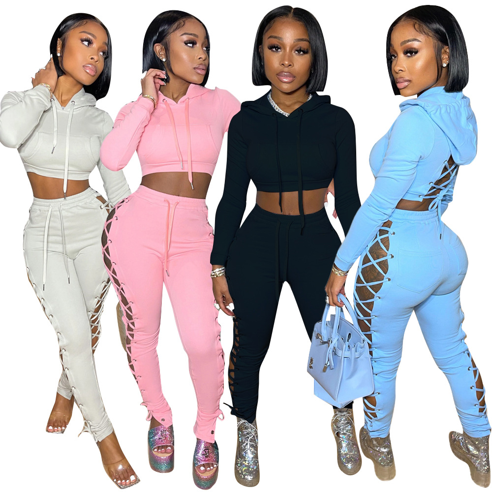 Backless Bandage Lace Up Hollow Out Women's Two Piece Hooded outfits Sets Crop Top tights Bodysuit 2021 Fall Clothes