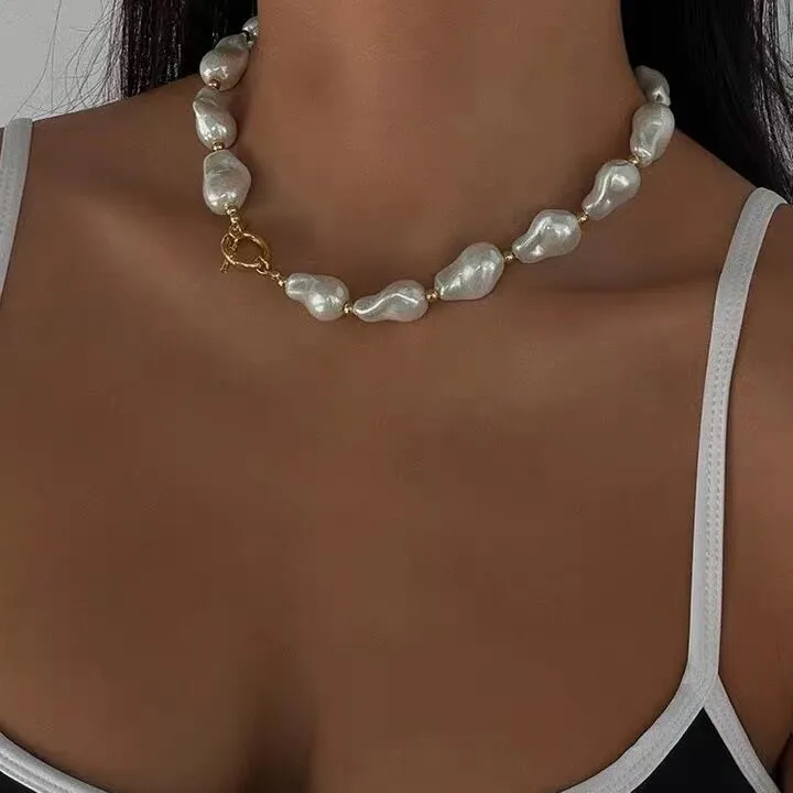 Vintage Inspired Gold Jewelry Big Pearl Necklace Stainless Steel OT Clasp Choker Pearl Necklace Vintage Baroque Pearl Necklace