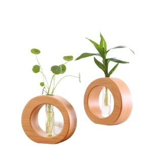 Jarrón hidropónico de madera con tubo de vidrio para plantas de interior, decoración minimalista para escritorio - Product Image 4