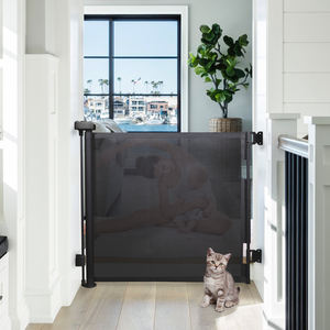 Barrière de sécurité pour bébé rétractable à montage mural, multifonctionnelle, à bouton-poussoir, en maille PVC, pliable - Product Image 1