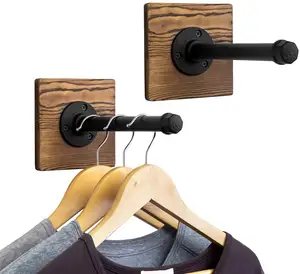 Industrial Metal Pipe & Burnt Wood Wall Mounted Clothing Coat Garment Rack Hanger Hooks