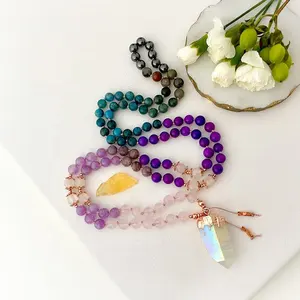 Wholesale handmade Natural Rose quartz african turquoise beads crystal rock pendant necklace long necklace for women jewelry