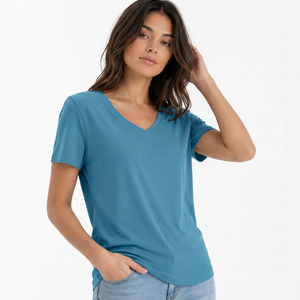 Camiseta de Manga Corta con Cuello en V para Mujer, Color Sólido, Corte Regular, Jersey de Poliéster/Algodón, Transpirable, Ropa Casual de Verano, 220g - Product Image 2
