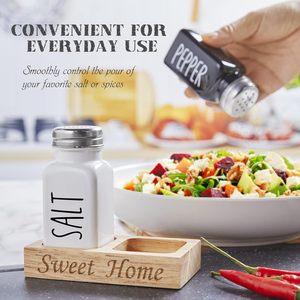 Ensemble de salières et poivrières avec support, salière en <span class=keywords><strong>verre</strong></span> avec support en bois pour comptoir de cuisine ou table - Noir et blanc - Product Image 2