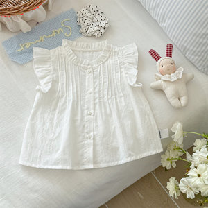 Girls' Summer Cotton Pleated Top With Ruffle Sleeve Solid Color Children's Blouse For Kids - Product Image 2