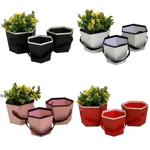 High Quality Hexagonal Small Flower Bucket Set 3 Portable Flower Box Holding Bucket Flower Gift Box With Portable Rope