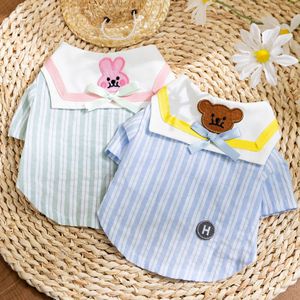เสื้อเชิ้ตลายสก๊อตสำหรับสุนัขตัวเล็ก สีฟ้าและสีเขียว ลายทาง ระบายอากาศได้ดี ผลิตจากโพลีเอสเตอร์ เสื้อผ้าสำหรับฤดูใบไม้ผลิและฤดูร้อน พร้อมลายปักรูปหมีและกระต่าย - Product Image 1