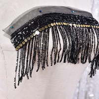 Cinta de encaje con flecos de borlas de lentejuelas brillantes y cuentas, tamaño personalizado, con base de malla, para vestido de baile y atuendo de noche
