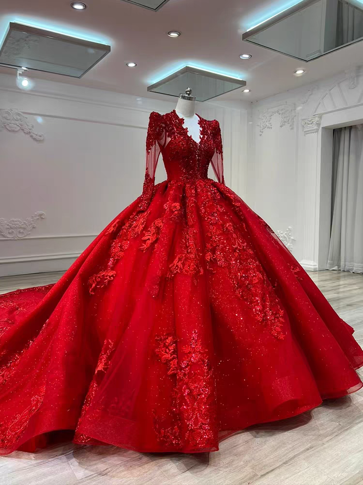 Red Actual Princess Illusion Long Sleeve Ball Gown Mq740