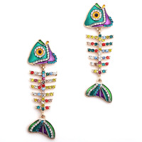 Boucles d'oreilles pendantes créatives et élégantes en alliage en forme de poisson, avec strass et motif arête de poisson, bijoux fantaisie vintage pour femme, pour les fêtes et le quotidien