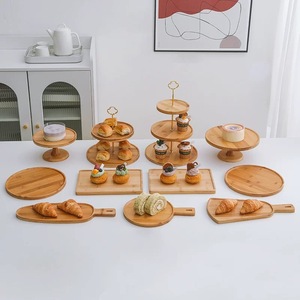 Soportes de exhibición de postres de bambú Ruichang, bandejas de pastel escalonadas con asa, giratorias y multifuncionales para aperitivos de té de la tarde - Product Image 1