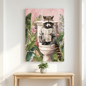 Impression sur toile de raton laveur amusant aux toilettes, affiche humoristique <span class=keywords><strong>d</strong></span>'animal lisant un journal, images <span class=keywords><strong>d</strong></span>écoratives tropicales roses pour salle de bain - Product Image 2