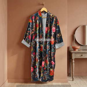 Floral Printed Velvet Regular Robe Women's Wrap <b>Tie</b> Dressing Gown Summer Winter Wear Three Quarter Sleeve Reversible - Product Image 4