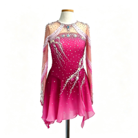 Costume de patinage artistique pour enfants et adultes, robe en maille fuchsia sans dos à manches longues avec strass étincelants pour spectacle sur glace