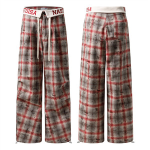 Celana Paratrooper Pria Poliester Gaya Wasteland Bermotif Kotak-kotak Distressed Desain Lipit Longgar Kasual <span class=keywords><strong>Streetwear</strong></span> - Product Image 3
