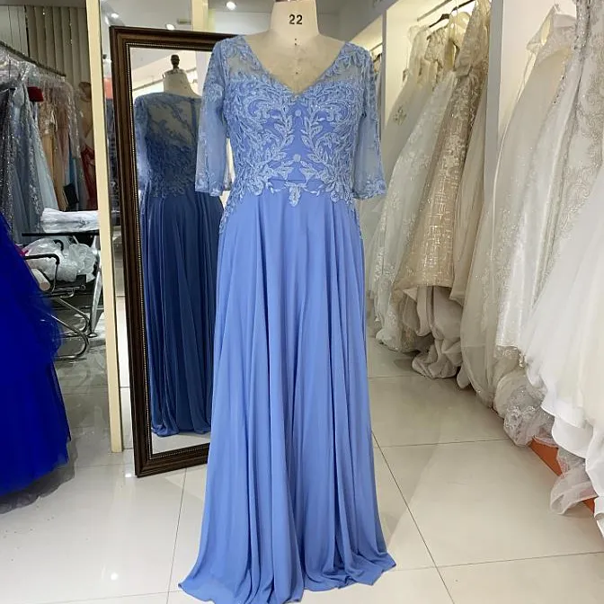 Azul plus size Bordados beading manga trimestre completa volta chiffon saia mãe dos vestidos de noite da noiva