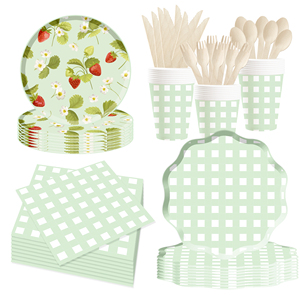 Juego de Vajilla Desechable DAMAI para Fiesta de Fresas, Platos, Vasos y Servilletas de Papel, Decoración de Cumpleaños, Diseño a Cuadros Verdes, 100 Piezas - Product Image 4