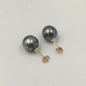 Pendiente de perla de sal marina de Tahití natural de 8-10mm, pendientes de tuerca rellenos de oro de 14 quilates a la moda para bodas cerca de perlas redondas con defectos de grado - Product Image 1