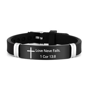 Venta al por mayor personalizado grabado versículos de la Biblia Acero inoxidable ID <span class=keywords><strong>Bar</strong></span> pulseras ajustable silicona deportes pulsera para regalos <span class=keywords><strong>cristianos</strong></span> - Product Image 2