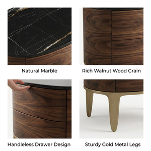 Deluxe Metal Leg <b>Side</b> Cabinet | Natural Marble Veneer Night Chest with Double <b>Drawers</b> | for Bedroom Hotel Villa Decor - Product Image 4