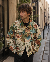 Veste en jacquard floral vintage pour homme, coupe ample, boutonnée, style décontracté, avec poches