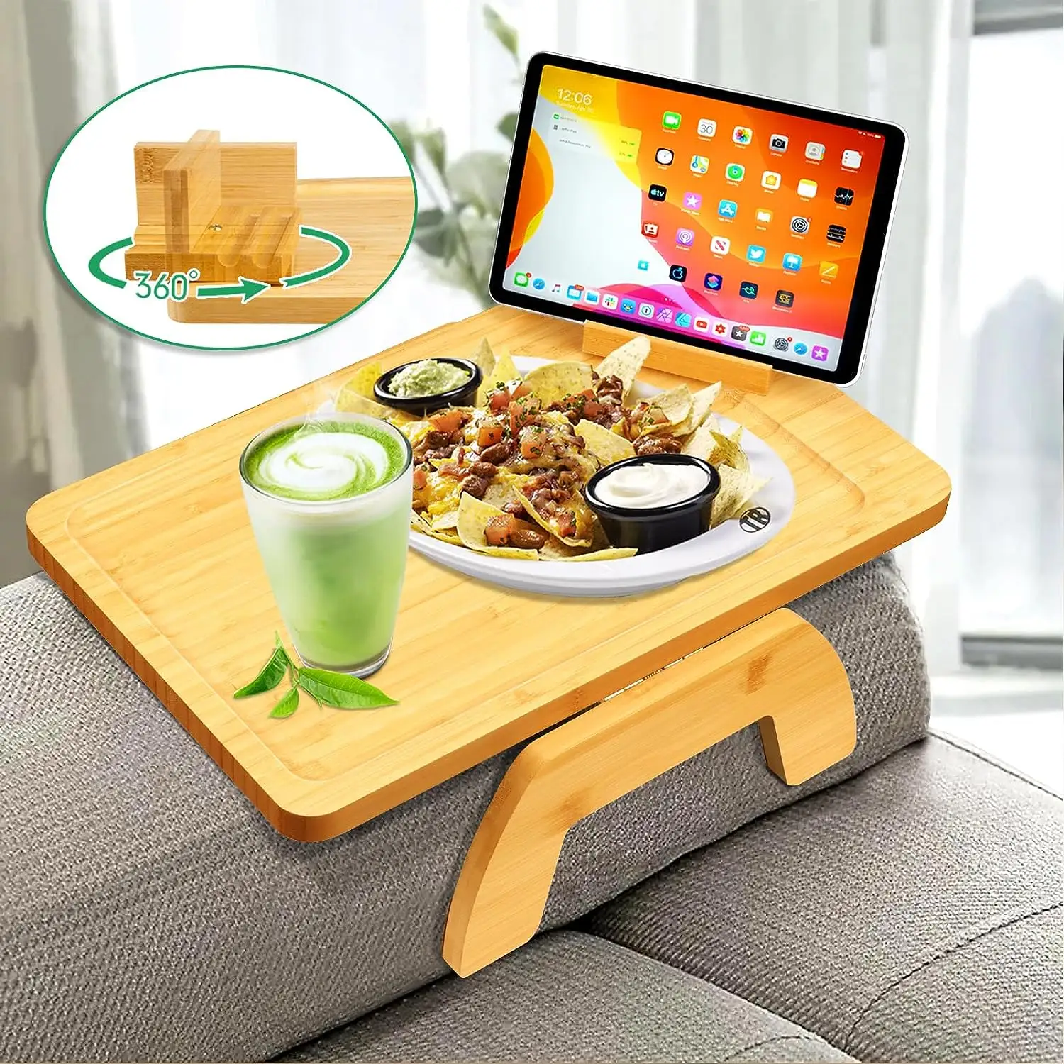 2019 novo bambu natural sofá bandeja com 360 Rotating Phone Holder Foldable bambu sofá braço bandeja de armazenamento para braço sofá