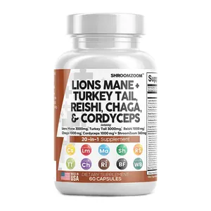 Lions Mane 20 in 1 Mushroom Supplement Pills with Turkey Tail Reishi Cordyceps Chaga capsules support Cognitive Energy & Focus