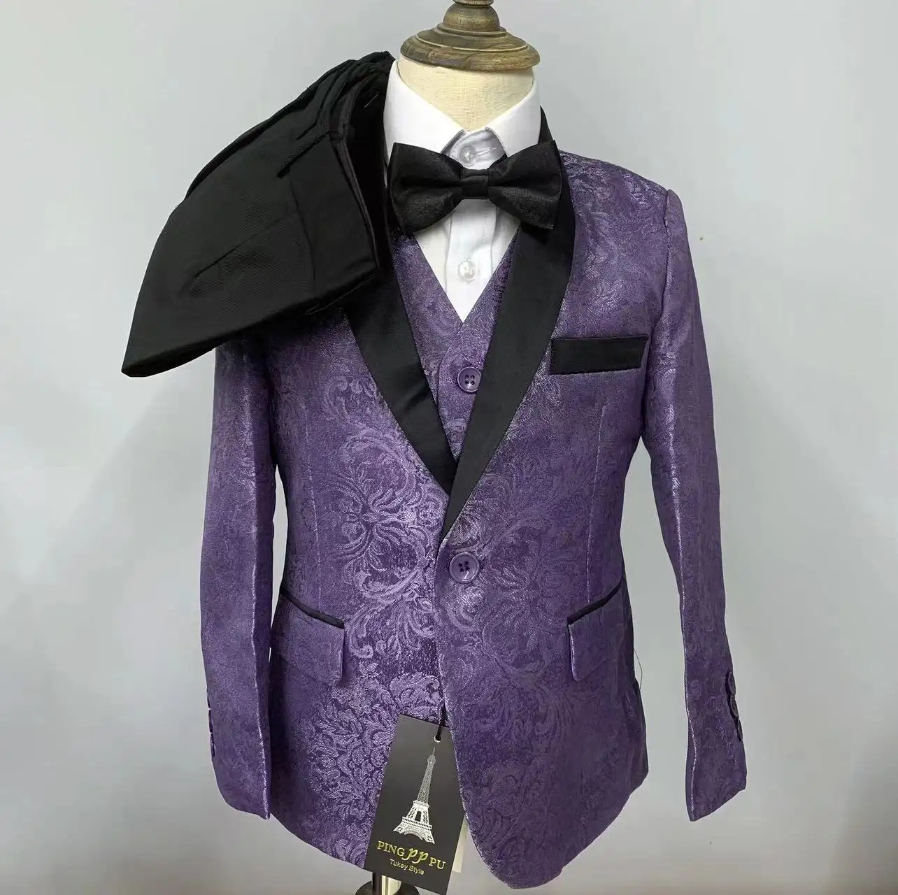 Purple Jacquard Children Suits Print Slim Fit 3 Piece Jacket Vest Pants Set Wedding Tuxedos Fashion Boys Blazer Costume