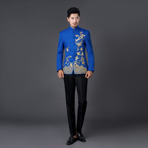 Costume Zhongshan pour homme, style chinois, col montant brodé, blanc, noir, bleu royal, rouge, tenue de cérémonie - Product Image 3