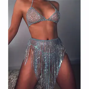 Blue Crystal Sexy Body Chain Set Nachtclub Bikini BH Shorts Kurzer Rock Body Jewelry Girl