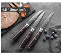 Ensemble de 6 couteaux à steak dentelés, motif damas laser, acier inoxydable, manche en bois, pour couper le bœuf